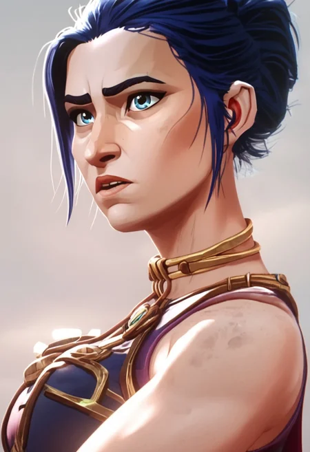 score_9, score_8_up, score_7_up,  caitlyn, a young woman with striking blue eyes and long dark hair, wearing a slave leia outfit, 1girl, solo, long hair, looking at viewer, dark blue hair, hair between eyes, standing, not amused, whole body visible, flower, parted lips, choker, blue hair, volumetric lighting  <lora:arcane_pony_v2:1>