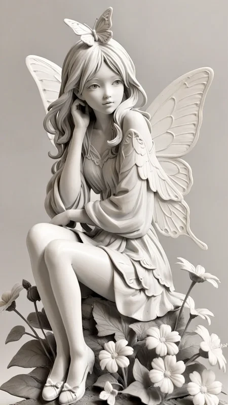 <lora:3DPrintingXL:1>,whitemold,3d printed mold,art style,greyscale,monochrome, 1girl, solo, butterfly, soft pastel wings, sitting on a flower, gentle expression, delicate design