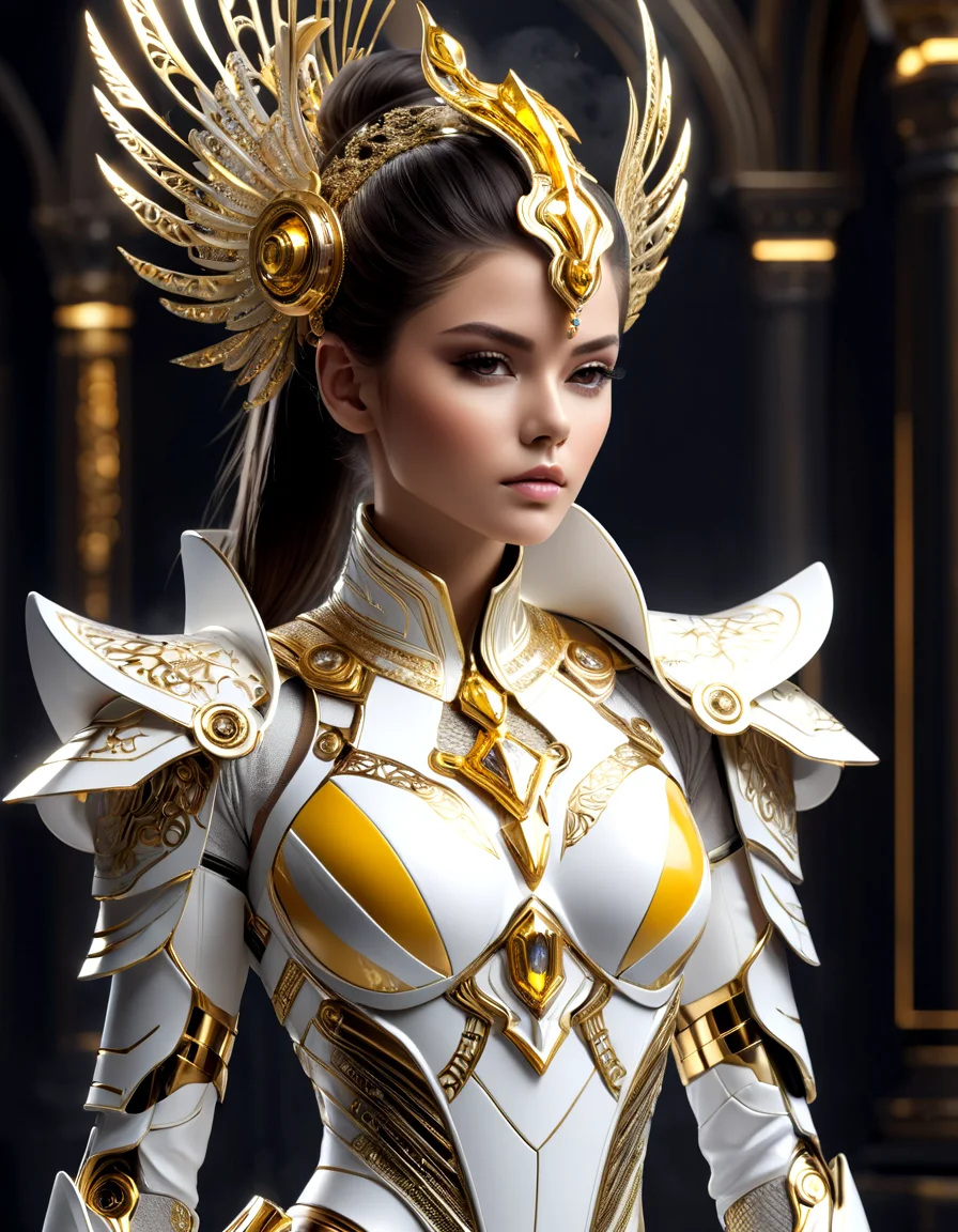 masterpiece, best quality, absurdres, digital art, 3d render, 3d graphics,
A stunning image showcases a young woman in an elaborate, futuristic outfit that combines elements of armor and high fashion. Her suit is predominantly white with intricate silver and gold patterns, featuring bold yellow accents that add a vibrant contrast. The outfit is form-fitting, highlighting her figure, and includes detailed, ornamental designs that suggest both elegance and strength. She wears a unique headpiece with white and gold elements, complementing her dark hair styled in a high ponytail.
The background is dynamic and intense, with a smoky atmosphere and colorful sparks or embers flying through the air, hinting at a dramatic, action-packed setting. Her expression is calm and composed, exuding confidence and determination as she strides forward, making her presence both commanding and captivating.