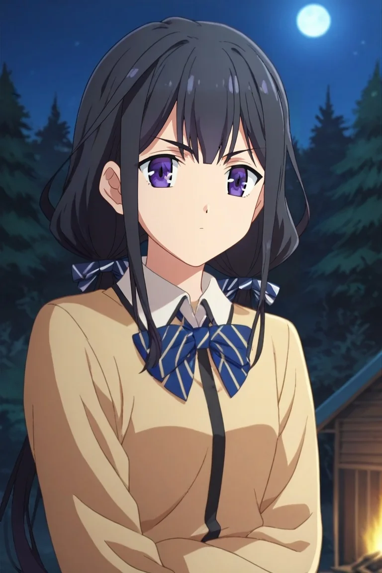 score_9, score_8_up, score_7_up, rating_safe, , looking at viewer, depth of field, 1girl, <lora:aki_adagaki_pony:0.70>, aki_adagaki, black hair, purple eyes, long hair, bangs, twintails, low twintails, bow, solo, close-up, cabin, forest, campfire, night, full moon, crossed arms, squinting, <lora:fsn_style_pony:1.02>, fsn_style, , <lora:sdxl_lightning_8step_lora:1>