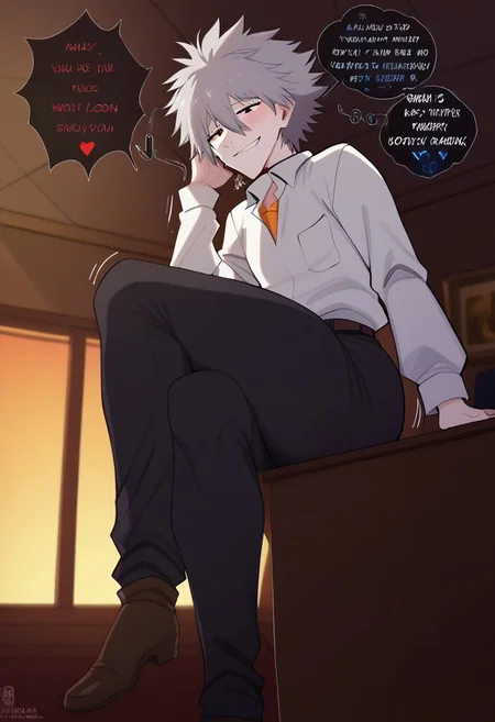 score_9, score_8_up, score_7_up, 1boy, smquanxi, masterpiece, perfect face, solo, single character, solo focus,
nagisa_kaworu, grey hair, hair between eyes, red eyes, white dress shirt, orange under shirt, tucked dress shirt, black jeans, undone belt, skin tight pants, slim waist, tall, thick male, (covered butt), thick thighs, half-closed eyes, looking at off-screen character, emotionless smile, completely focused on off-screen character, natural lighting, sitting, sitting on window, indoors, bedroom, ((from below, from side,)) Expressiveh, Expressiveh,yamathegod style, (...), arm over knee, casual sitting position, zero shame, zero shame at all, speech bubbles, speech bubbles from off-screen character, silent kaworu, kaworu imagining sloppy gay sex, visual thought, thought bubble,