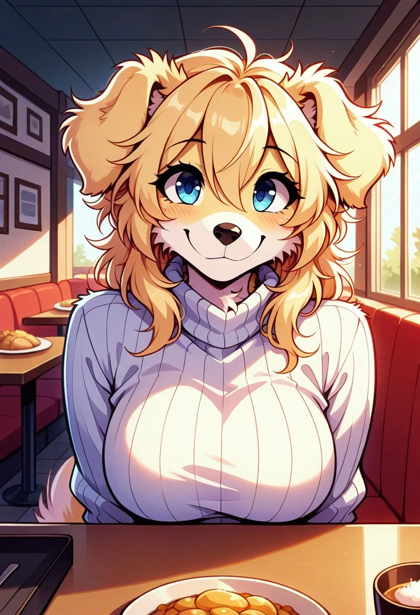 masterpiece,best quality,amazing quality,1girl,  megafluffy, (fluffy:1.2), furry, dog anthro, female, sweater, indoors, restaurant, blonde, golden retriever, floppy ears, blue eyes, looking at viewer, smile,