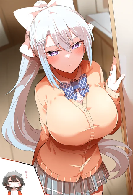 very awa, masterpiece, best quality, year 2024, newest, highres, absurdres, <lora:age_slider_v4:3> <lora:thicc_v1.4-pony:1.2>,detailed_background,indoors,rebecca \(keinelove\),grey hair,hair bow,ponytail,mole,parted lips,nijisanji,white bow,virtual youtuber,bow,hairclip,mito and kaede,kaede-chan \(higuchi kaede\),mole under eye,higuchi kaede,long hair,very long hair,blank eyes,hair ornament,1girl,blush stickers
