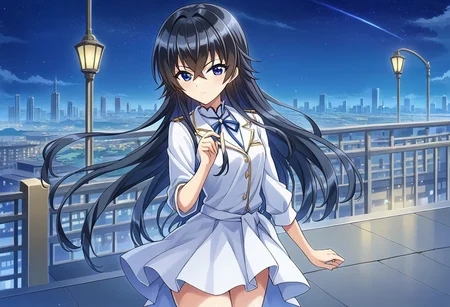 score 9, score 8 up, source anime, masterpiece, best quality, detailed eyes, detailed face, cowboy shot, outdoors, cityscape, night sky, 
Otsuki Hagane, blue eyes, black hair, hair between eyes, very long hair, small breasts,