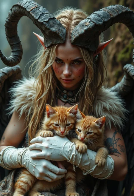 cosplay, cosplayer, stock photography, surreal photography, movie still, fantasy story, anthropomorphic, whimsical photography, 135mm,
At the local animal shelter, a harpy named Helga is carefully cuddling a litter of adorable, playful kittens. Her sharp, taloned claws and feathery, wing-like hair make her seem like a fierce, mythical creature, but her warm, golden eyes betray a deep love for the kittens she cares for. She wears a pair of soft, white gloves to complete her cuddling attire.