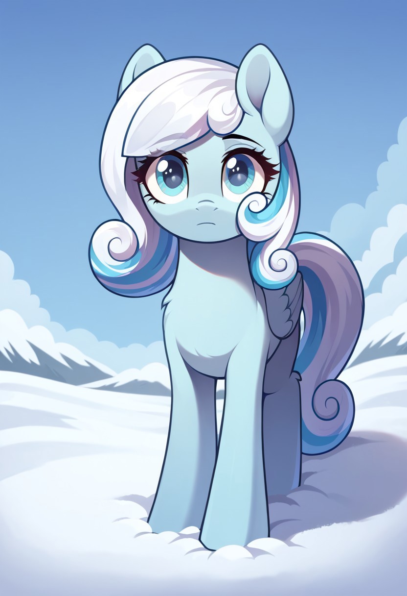 score_9, score_8, score_7, source_pony, snowdrop, looking at viewer, closed mouth, eyelashes, snow, standing, sky, furry, animal ears, horse girl