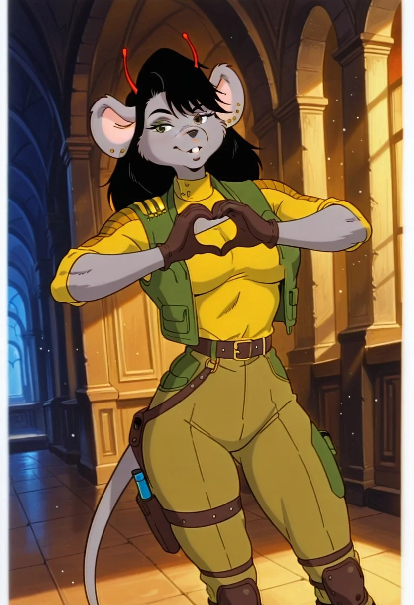 CarbineBMFM, 1girl, solo, furry female, anthro, mouse, grey fur, grey skin, animal ears, red antennae, black hair, long hair, bangs, brown eyes, black snout, scar on face, incisors, teeth, earrings, ear piercing, large breast, thick thighs, mouse tail,  green vest, yellow turtleneck, elbow length sleeves, brown gloves, belt, light brown pants, brown boots, military uniform, holster, knee pads,
,seductive pose, sexy pose, tease, 
masterpiece, best quality, fine details, intricate details, depth of field, subsurface scattering, bokeh,
 ultra-detailed, very aesthetic, detailed background, newest, scenery, highres, absurdres, colorful, vibrant, glowing, perfect face, 2d, perfect eyes,  vibrant saturated colors, volumetric lighting, sharp, detailed eyes, perfect anatomy,  perfect face, perfect eyes, mature body, clear eyes, beautiful eyes, athletic, curvy body, athletic girl, perky tits, perfect tits, round breasts, pinup pose, teasing, lustful expression, perfect hands, 
muscular female, dutch angle, 
heart hands,
,Smooth Negative, Smooth_Quality,
90s_anime_aesthetic, 1990s (style), retro, retro artstyle