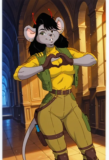 CarbineBMFM, 1girl, solo, furry female, anthro, mouse, grey fur, grey skin, animal ears, red antennae, black hair, long hair, bangs, brown eyes, black snout, scar on face, incisors, teeth, earrings, ear piercing, large breast, thick thighs, mouse tail, green vest, yellow turtleneck, elbow length sleeves, brown gloves, belt, light brown pants, brown boots, military uniform, holster, knee pads,
,seductive pose, sexy pose, tease,
masterpiece, best quality, fine details, intricate details, depth of field, subsurface scattering, bokeh,
ultra-detailed, very aesthetic, detailed background, newest, scenery, highres, absurdres, colorful, vibrant, glowing, perfect face, 2d, perfect eyes, vibrant saturated colors, volumetric lighting, sharp, detailed eyes, perfect anatomy, perfect face, perfect eyes, mature body, clear eyes, beautiful eyes, athletic, curvy body, athletic girl, perky tits, perfect tits, round breasts, pinup pose, teasing, lustful expression, perfect hands,
muscular female, dutch angle,
heart hands,
,Smooth Negative, Smooth_Quality,
90s_anime_aesthetic, 1990s (style), retro, retro artstyle
