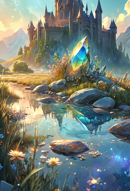 unseen landscape of a fantastical world made of labradorite, captured in 8K resolution for stunning detail, towering mountains of shimmering labradorite crystals reflecting a spectrum of blues, greens, and golds, A great castle is on the tallest mountain, the surface glistening like a celestial sky, vast plains of smooth labradorite stones scattered with iridescent flora that pulse with color, gentle rivers of liquid light flowing through the valleys, their surfaces sparkling with the vibrant hues of the stones, ethereal creatures with translucent wings flitting among the glowing plants, creating trails of shimmering light, a radiant sunset casting a warm glow over the landscape, evoking a sense of wonder and magic in this enchanting realm of crystal and color.
beautiful gorgeous digital art,style of greg rutkowski,janek sedlar,jenny saville:0]