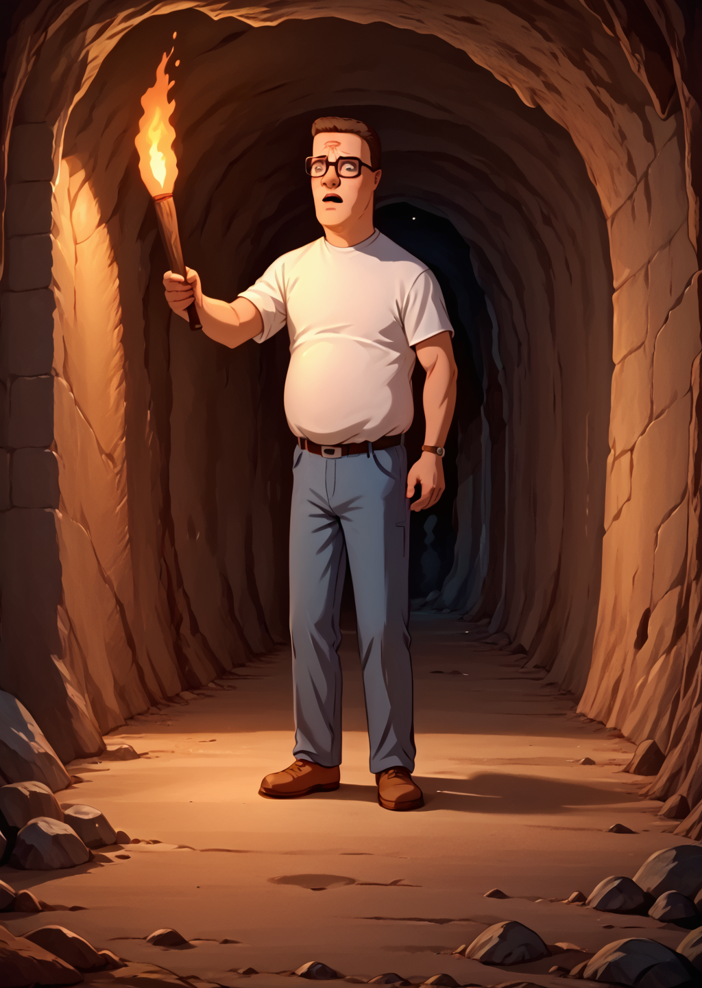 score_9, score_8_up, score_7_up, hank hill, holding a torch, exploring a cave, white shirt, glasses,  <lora:Hank_Hill:1> <lora:torch:1>