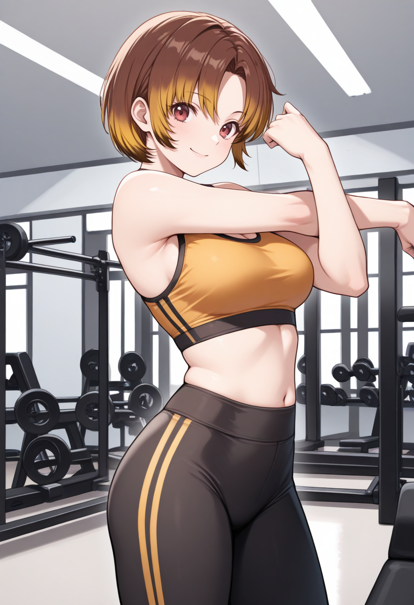 masterpiece, best quality, 1girl, solo, looking at viewer, cowboy shot, smile, gym, stretching
brown sports bra, black yoga pants
 <lora:zs_ReihoILLU:1> reids, multicolored hair, brown hair, blonde tips, short hair,