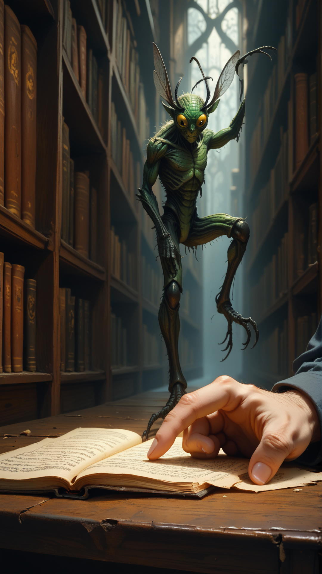 score_9, score_8_up, score_7_up, score_6_up, <lora:InsectHybridPDXL:0.9>monster, hybrid,  insecthybrid Spectacled bear cub, the hybrid is a man, in location in a grand library hideaway, where rows of books create a secluded refuge, close up, Sitting cross-legged with one hand on ground and other arm reaching up, , humanoid