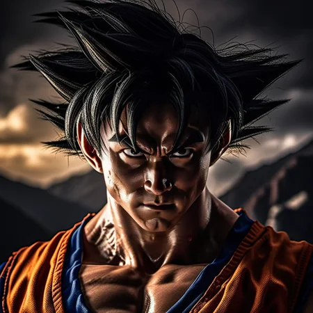 Goku1024 ,  a man, closeup portrait, dragon in the background, highly detailed, photography, ultra sharp, film, bokeh, professional, 64k  <lora:Goku1024:0.7>