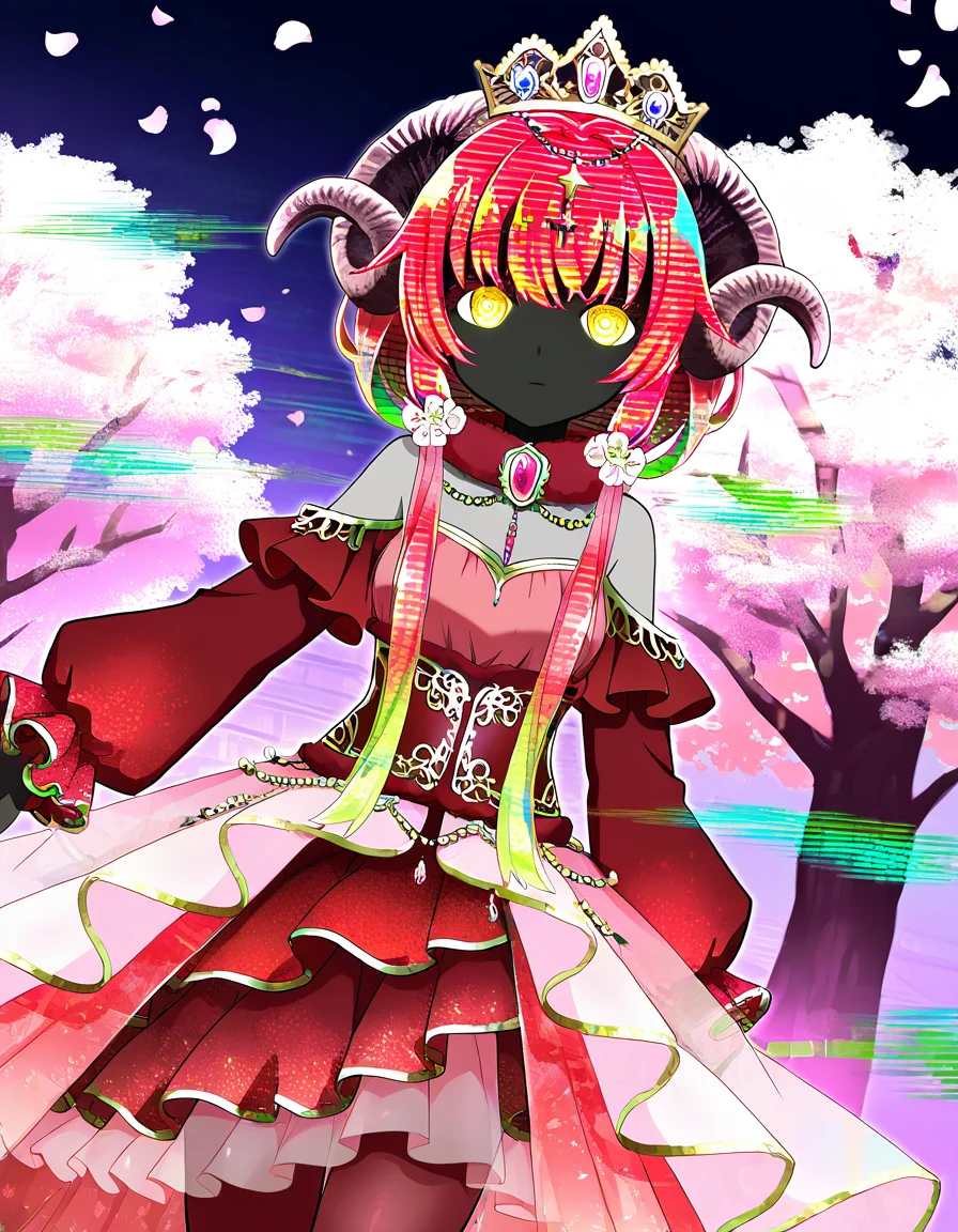 masterpiece, best quality, newest, absurdres, highres, safe, 1girl, sena mikoto \(uwasa\), magia record: mahou shoujo madoka magica gaiden, solo, glitch hair, glitch, black face, horns, red hair, red dress, outdoors, cherry blossoms, night, dutch angle, <lora:sena_mikoto_noobaiXLNAIXL_vPred10Version:0.7>