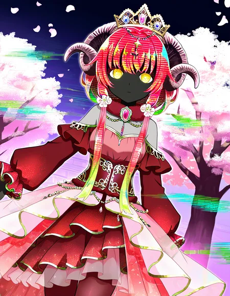 masterpiece, best quality, newest, absurdres, highres, safe, 1girl, sena mikoto \(uwasa\), magia record: mahou shoujo madoka magica gaiden, solo, glitch hair, glitch, black face, horns, red hair, red dress, outdoors, cherry blossoms, night, dutch angle, <lora:sena_mikoto_noobaiXLNAIXL_vPred10Version:0.7>