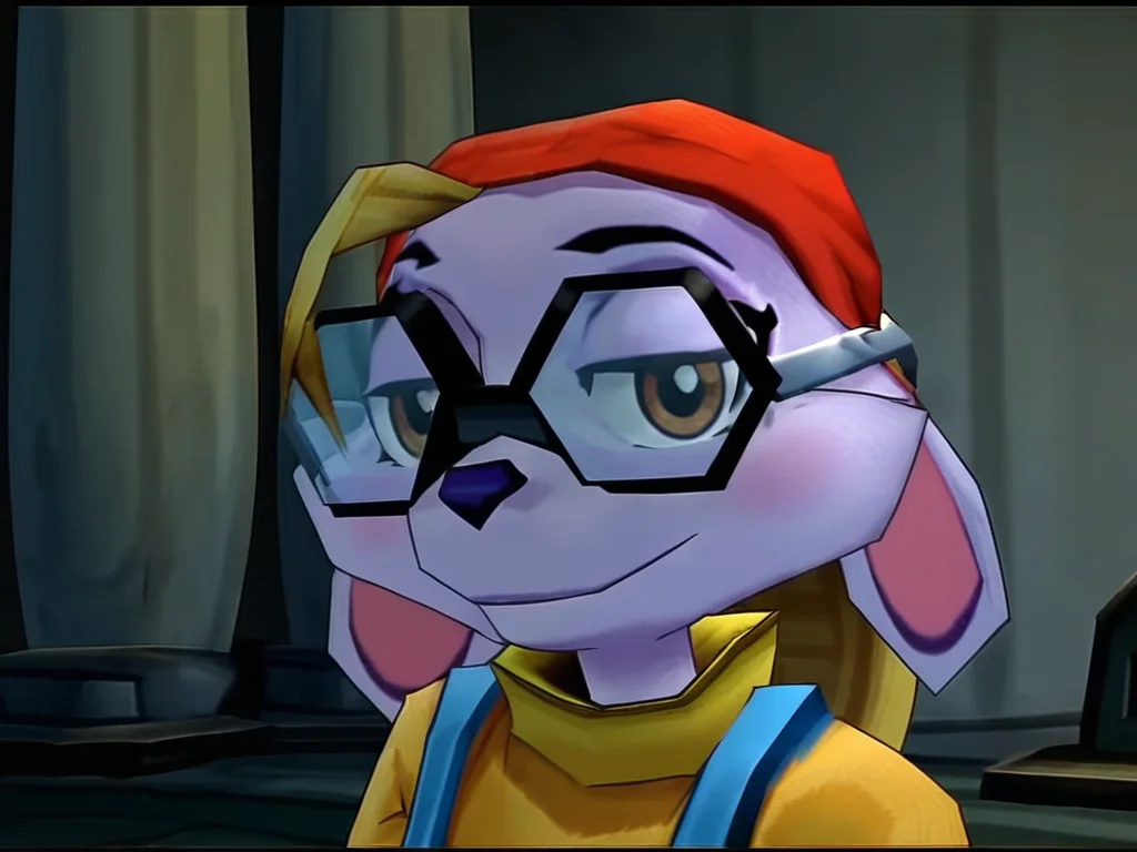 Score_9, score_8_up, score_7_up, BREAK, screencap, letterboxed,
indoors, pillar
<lora:Penelope_V1.1:0.85> Penelope, furry female, glasses, brown eyes, mouse ears down, purple skin, long blonde hair, ponytail, red bandana, yellow long sleeves, blue overalls, turtleneck, portrait, facing viewer, smile, looking at viewer, half-closed eyes,
