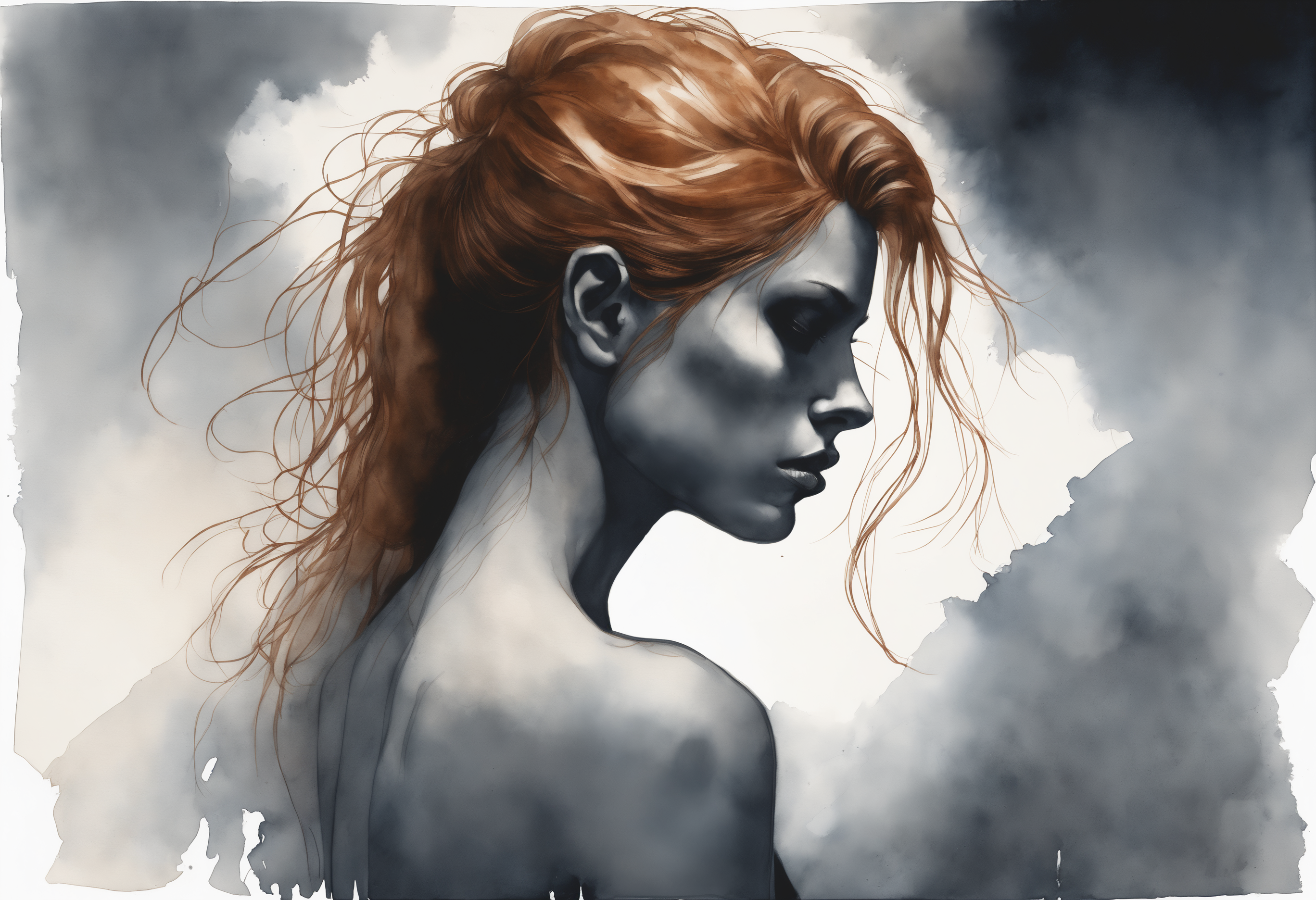 a watercolor painting of a female, from behind.
Her (ginger undone hair:1.2) covers part of her beautiful face and bare chest, cold blue eyes. 

There is diffuse, misty and smoky atmosphere around her, giving the picture a menacing element. 
The picture is photographed in a monochromatic scheme, mainly with shades of black, white and gray.

(dystopian style, highly detailed, bleak, post-apocalyptic, somber, dramatic)
