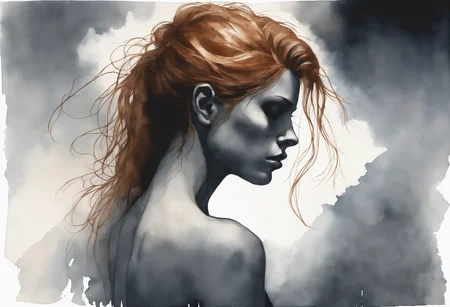 a watercolor painting of a female, from behind.
Her (ginger undone hair:1.2) covers part of her beautiful face and bare chest, cold blue eyes.
There is diffuse, misty and smoky atmosphere around her, giving the picture a menacing element.
The picture is photographed in a monochromatic scheme, mainly with shades of black, white and gray.
(dystopian style, highly detailed, bleak, post-apocalyptic, somber, dramatic)