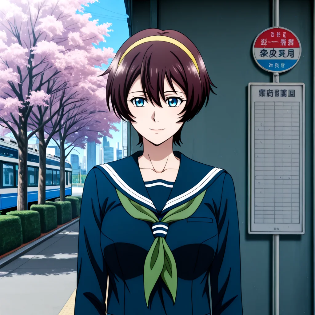 Yuu_School, 1girl, brown short hair, hair between eyes, blue eyes, medium breasts, collarbone, yellow hairband, serafuku, green neckerchief, sailor collar, dark blue serafuku, long sleeves, , <lora:Yuu_IL2:1> City bus stop with cherry blossom trees, light smile, Pretending to play the violin