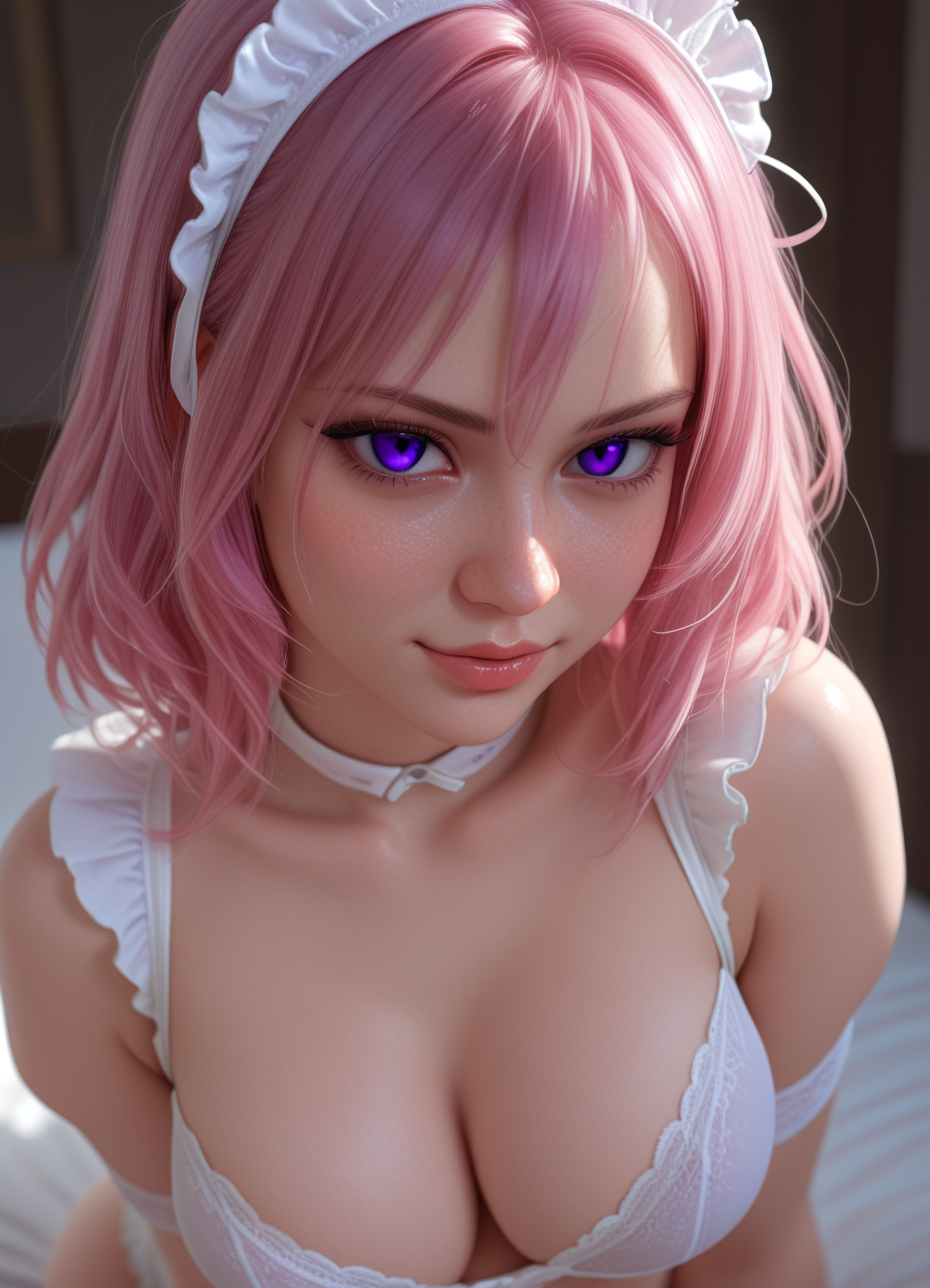masterpiece, best quality, amazing quality, very aesthetic, realistic, newest, volumetric lighting,  
1girl, solo,close up portrait, looking at viewer, light, shadow, 
CivChan, purple eyes, pink hair, white lingerie,
gentle smirk, submissive <lora:CivChan_SDXL:1.0000000000000002>