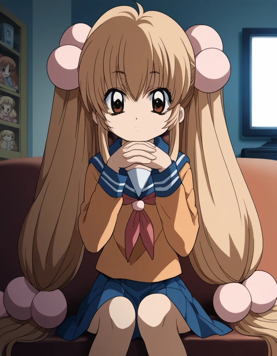score_9, score_8_up, score_7_up, source_anime, <lora:rin-kokonoe-s1-ponyxl-lora-nochekaiser:1>, rin kokonoe, long hair, brown hair, hair ornament, twintails, brown eyes, very long hair, hair bobbles,, school uniform, serafuku, long sleeves,, living room, television, couch, popcorn, watching movie, night time, sitting,, , <lora:gendou-pose-ponyxl-lora-nochekaiser:1>, gendou pose, own hands clasped, own hands together, parody,, looking at viewer, solo,, dutch angle, cowboy shot