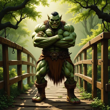 With a grimace twisting his rugged face and greenish skin glistening in the dappled sunlight, the ugly ogre stood menacingly on the rickety wooden bridge, arms crossed and muscles bulging, daring any weary traveler to take a single step closer to the other side.