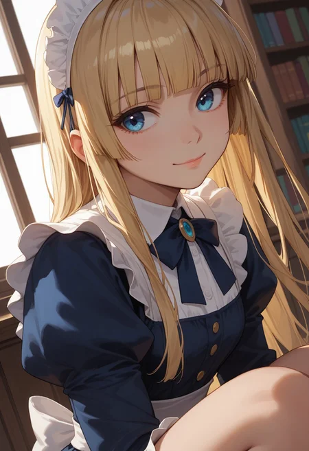 (score_9, score_8_up, score_7_up), 1girl, solo,blonde hair, blue eyes, long hair, hime cut, long bangs, small breasts, maid dress, 
(face focus, close-up, dutch angle:1.3),library, private study, sunset,, thighs, wide hips, sitting, window, (from side:0.7),looking away,
(relaxed smile, smug:0.9),