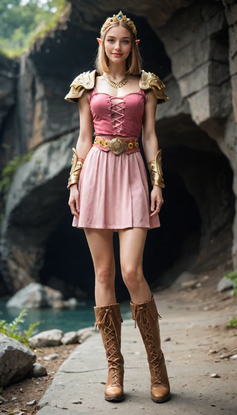 score_9, score_8_up, score_7_up, Full Body Shot, Zelda, cute, seductive, innocent, light smile, plump lips, slender body, ankle-length pink dress, jeweled tiara, golden shoulder pads, a gold chain as a necklace, golden belt, long leather boots, fantasy, epic, leather boots, cave background, depth of field, dynamic angle, (photo realistic:1.4), realistic skin:1.4, fashion photography, sharp, analog film grain