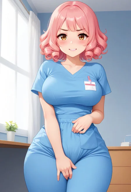 score_9, score_8_up, score_7_up, masterpiece, best quality,uncensored, 25 years old, cute, pretty girl, very kawaii, kawaii, ((young, youthful)), asian girl, japanese girl, beautiful, Expressiveh, indoors, room, ((curvy body)), thick thighs, wide hips, soft looking skin, thin eyebrows, girly, feminine, ((round face)), ((peach pink hair)), fringe bangs, slightly curly hair, short hair, adult, ((large breasts)),brown eyes, brown eyebrows, curvy girl, very kawaii, scrubs, medical scrubs, round breasts, standing, long eyelashes, egirl makeup, egirl, egirlthot, noseblush, very pale skin, pink lips. shy, timid, averted eyes, thin arms, narrow shoulders, petite, hud_scrbs, short sleeves, shirt, pants, pocket, smile, full diaper under pants, grabbing own crotch, squeezing own crotch, disgust, heavy diaper under pants