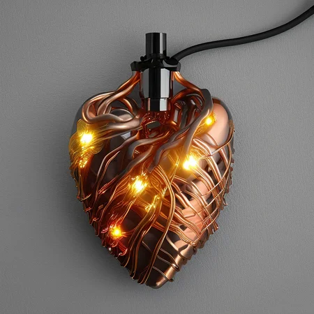 heartart,realistic metal heart made out of yellow cables, (lights:1.5), dblx, photohelper, render, cgi, 3d, extremely detailed,copper wire veins, colored backdrop, photohelper