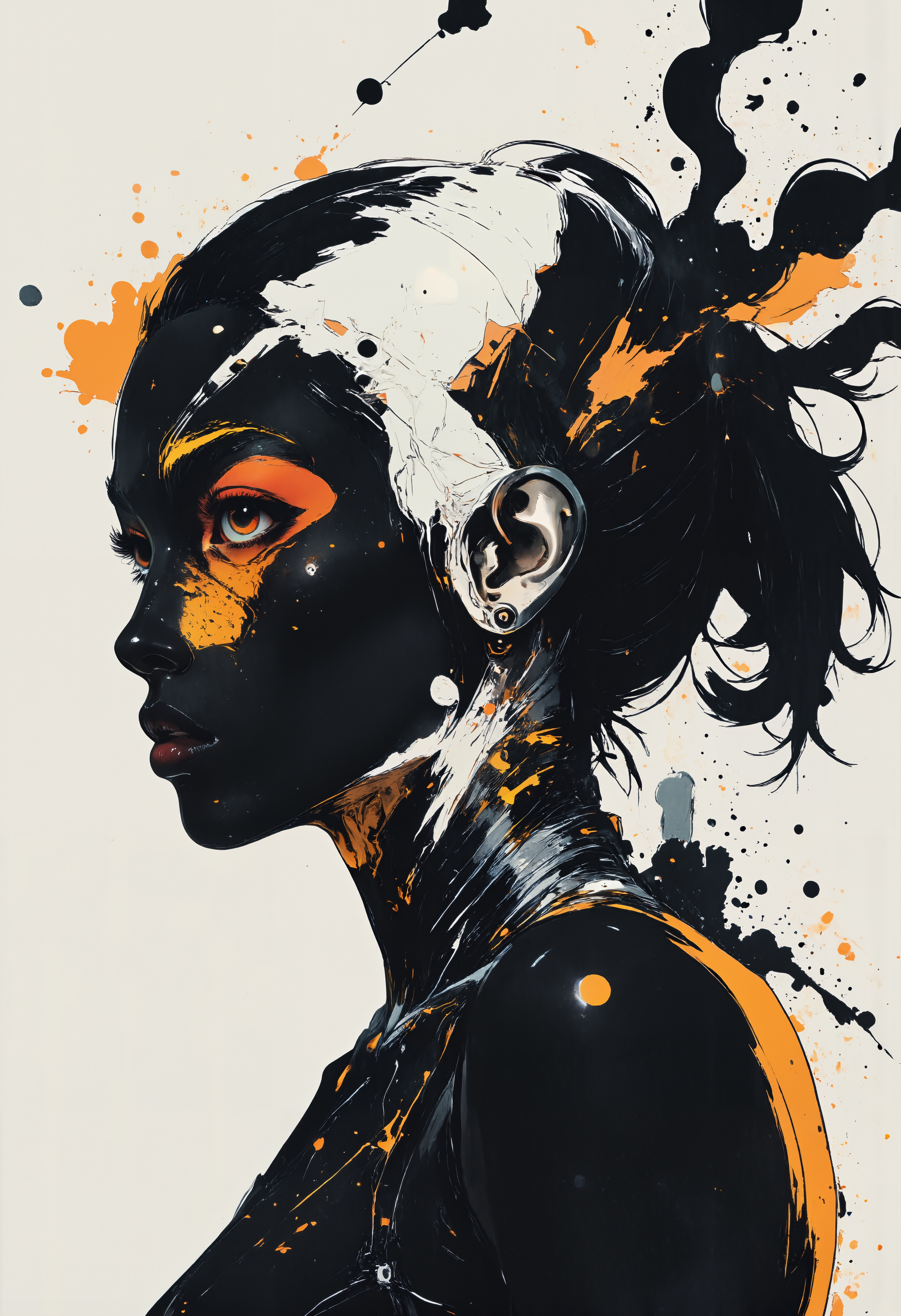 minimalist, black and white paint, wild splatter technique featuring a dismishing barely visible silhouette of a face