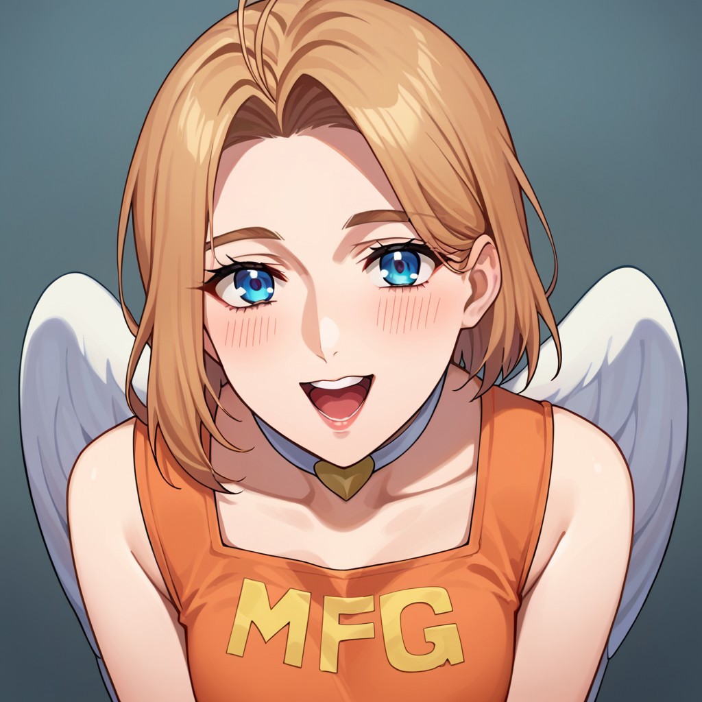 score_9, score_8, score_7, source_anime, mfg angels outfit, POV, looking at viewer, blush, smile, open mouth, upper teeth only