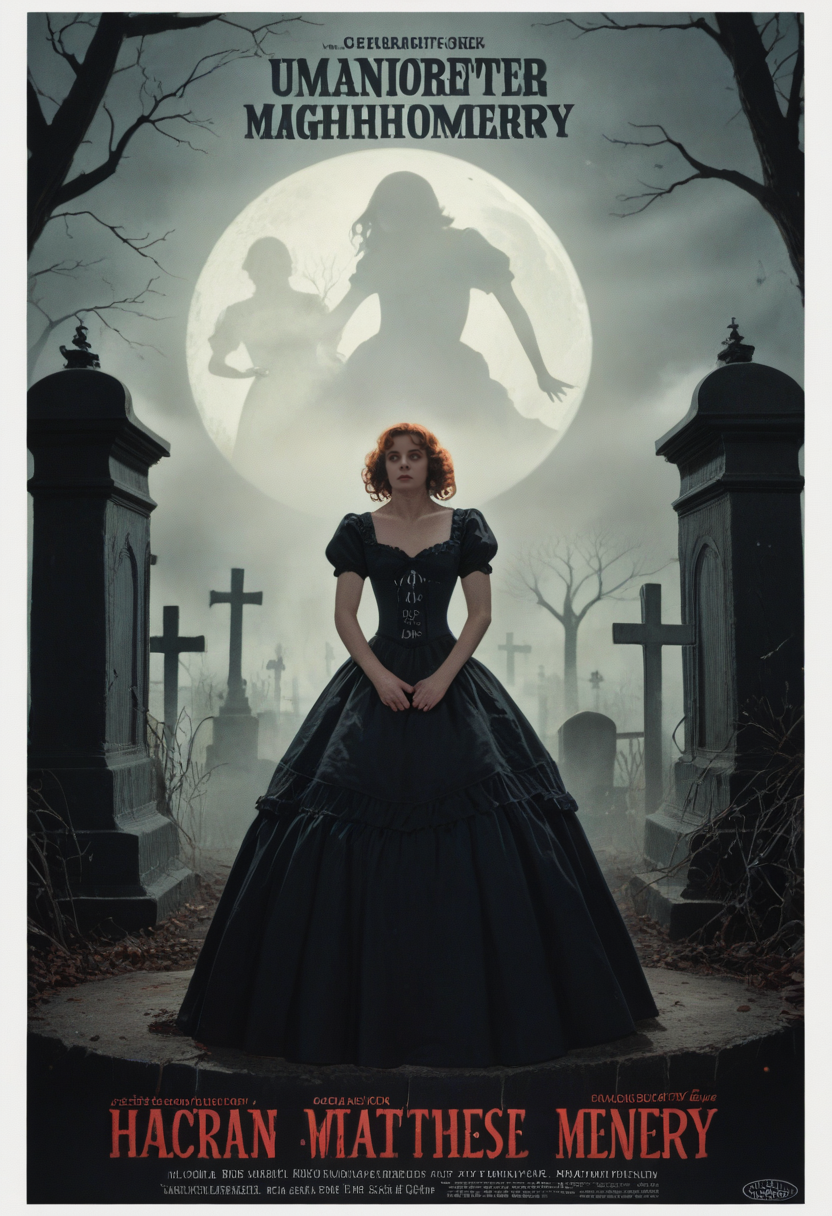 score_9, score_8_up, score_7_up, BREAK
A young noblewoman, about 22, with long auburn hair in loose curls, wearing a dark, intricately detailed Victorian gown with lace and corset. She stands in the middle of an overgrown, haunted cemetery at midnight, surrounded by swirling mist. A ghostly figure in a tattered dress emerges from the shadows behind her, while a raven sits on a broken tombstone, its eyes glowing red. (High contrast, eerie atmosphere, fog effects, moonlight, chiaroscuro),
retro_movie_poster, <lora:retro_movie_poster:1.1>