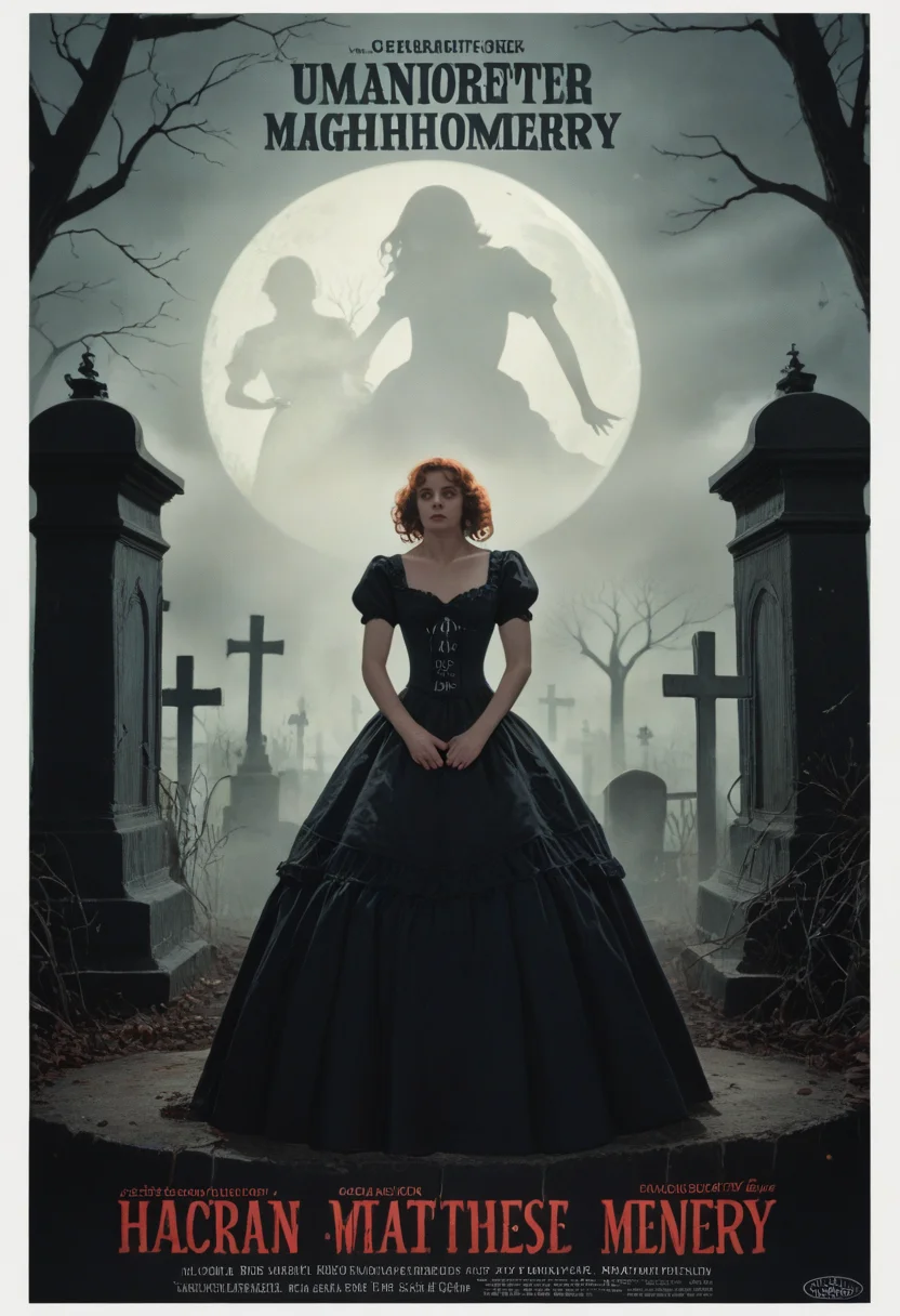 score_9, score_8_up, score_7_up, BREAK
A young noblewoman, about 22, with long auburn hair in loose curls, wearing a dark, intricately detailed Victorian gown with lace and corset. She stands in the middle of an overgrown, haunted cemetery at midnight, surrounded by swirling mist. A ghostly figure in a tattered dress emerges from the shadows behind her, while a raven sits on a broken tombstone, its eyes glowing red. (High contrast, eerie atmosphere, fog effects, moonlight, chiaroscuro),
retro_movie_poster, <lora:retro_movie_poster:1.1>
