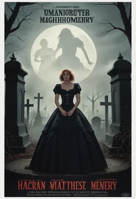 score_9, score_8_up, score_7_up, BREAK
A young noblewoman, about 22, with long auburn hair in loose curls, wearing a dark, intricately detailed Victorian gown with lace and corset. She stands in the middle of an overgrown, haunted cemetery at midnight, surrounded by swirling mist. A ghostly figure in a tattered dress emerges from the shadows behind her, while a raven sits on a broken tombstone, its eyes glowing red. (High contrast, eerie atmosphere, fog effects, moonlight, chiaroscuro),
retro_movie_poster, <lora:retro_movie_poster:1.1>