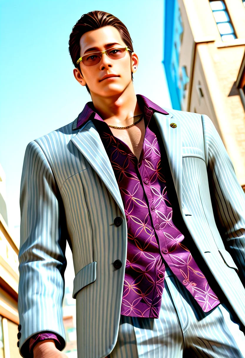 perfect anatomy, perfect proportions, best quality, masterpiece, high_resolution, high quality, best aesthetic, incredibly absurdres, highres, extremely detailed, huge filesize, ( bara, solo male, male focus, adult, mature, masculine, manly, rugged:1.4), handsome, charming, alluring, standing, upper body, dutch angle, cowboy shot, (perfect face, detailed face, photorealistic, realistic:1.4), source_game \(Judgment\), official style \(Judgment\), Toru Higash, YKZToru, dark brown hair, short hair, slicked back hair, faint facial hair, YKZToru_outfit01, gold half-frame sunglasses, light grey pinstriped suit, untucked purple and gold patterned dress shirt, purple button-up shirt, untucked shirt, lapel collar shirt, gold chain necklace, light grey pinstriped jacket, light grey pinstriped pants, oxblood cap-toe oxfords, oxblood shoes, left earrings, black ear stud, white ear piercing, lapel pin, outdoors, neon, city, low angle, from below, depth of field, 