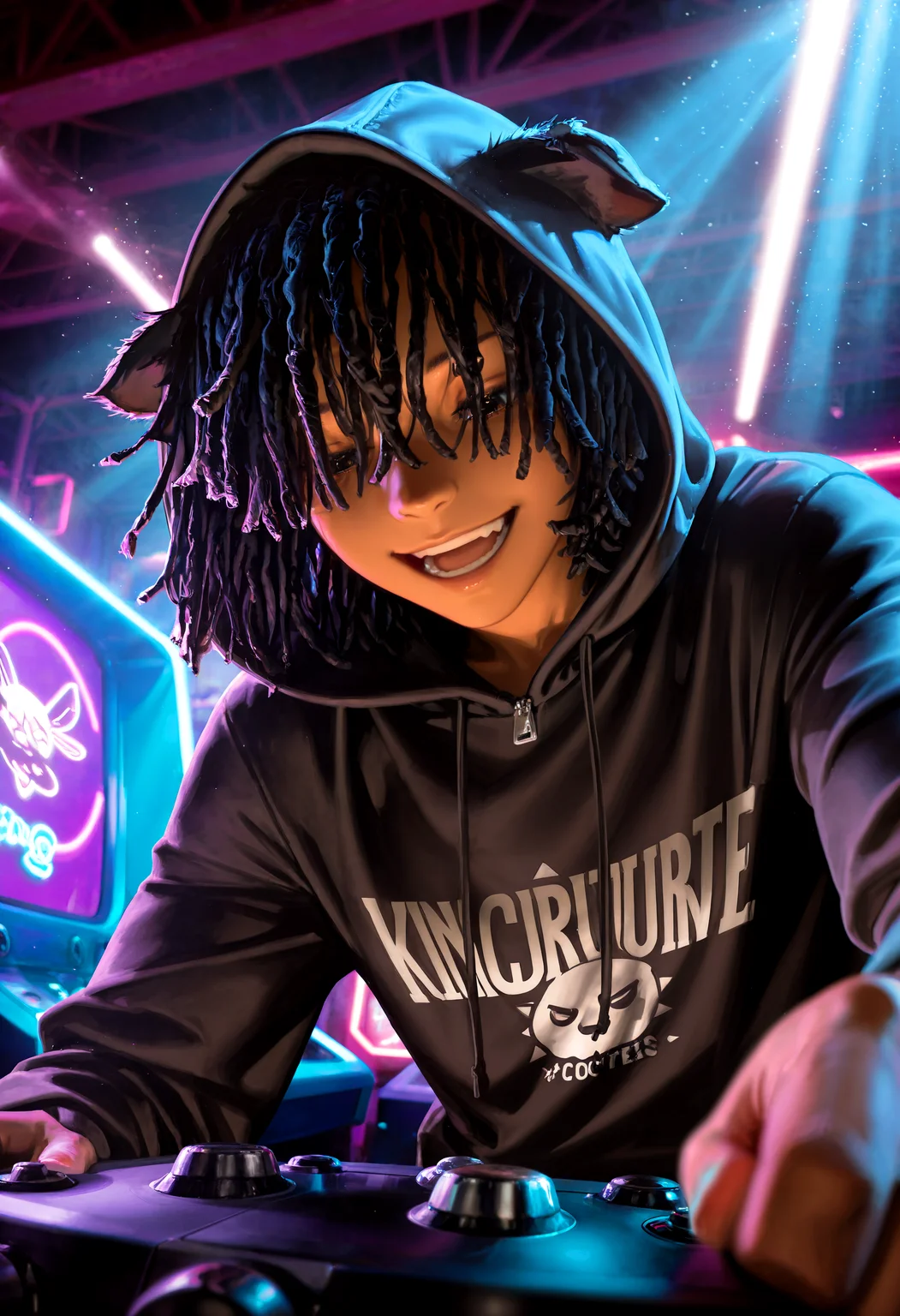 HDR, 8K, high contrast, masterpiece, best quality, amazing quality, very aesthetic, superabsurd res, high resolution, ultra-detailed, absurdres, newest, scenery, (horikoshi kouhei:0.3), (quasarcake:0.3), (wlop:0.3), light rays, chiaroscuro, dynamic angle, foreshortening, male focus, 1boy, dark skin, short hair, black hair, dreadlocks, messy hair, kms_hangtime, hair over eyes, dreads covering eyes, looking down, hoodie, hood up, hood on head, open mouth, smile, playing games, arcade, neon lights, Intricately designed, Mysterious Shadows, BREAK, photorealistic, detailed skin, detailed hair, volumetric lighting, dappled light, light particles, dramatic shadows, cinematic lighting, photo background, depth of field, <lora:ponyxl\cfg_scale_boost:0.8> <lora:IL\KMS_Hangtime_IL-000005:1>