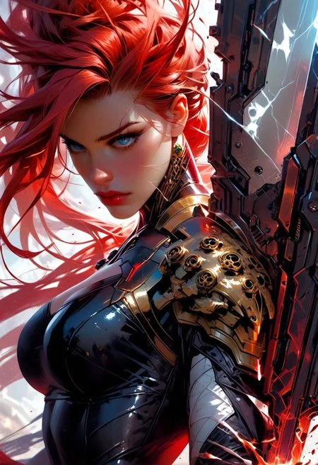 score_9, score_8_up, score_7_up, source_cartoon, 1girl, solo, side view, focus on her eyes, red haired supermodel, summer blue eyes, large eyes, red eyebrows, wide nose, valiant and beautiful, dark blue armor, holding elegant sword, Excalibur, silver shoulder pads, leg plates, cyberpunk gear, cyberpunk visor, silver filigree, gold filigree, ornate armor, elegant armor, mirror polish, extreme detail, breathtaking sense of depth. energy and motion, masterpiece, epiCPhoto, round breasts, Expressiveh, SkinHairDetail, perfecteyes, blue eyes, laCf, action shot, novuschroma82 style