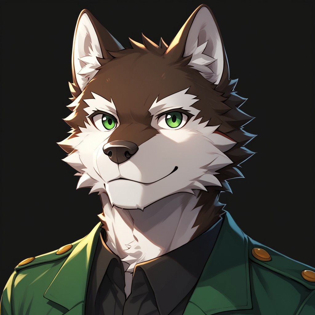 rouon aro, male, wolf, anthro, furry, brown fur, white fur, green eyes, 1boy, furry male, male focus, solo, green eyes, white background, smile, full body, black shirt, looking at viewer, simple background, portrait, masterpiece, ultra detailed, high quality, score_9, score_8_up, score_7_up, score_6_up