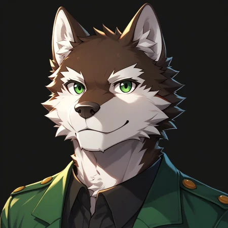 rouon aro, male, wolf, anthro, furry, brown fur, white fur, green eyes, 1boy, furry male, male focus, solo, green eyes, white background, smile, full body, black shirt, looking at viewer, simple background, portrait, masterpiece, ultra detailed, high quality, score_9, score_8_up, score_7_up, score_6_up