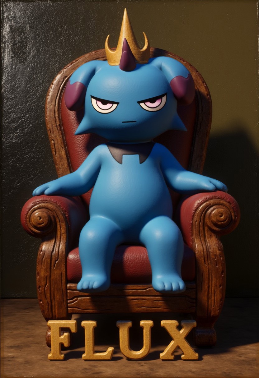 17th century oil panting. blue Depresso is sitting on the throne and is wearing a crown. text in big golden letters at the bottom says "FLUX"