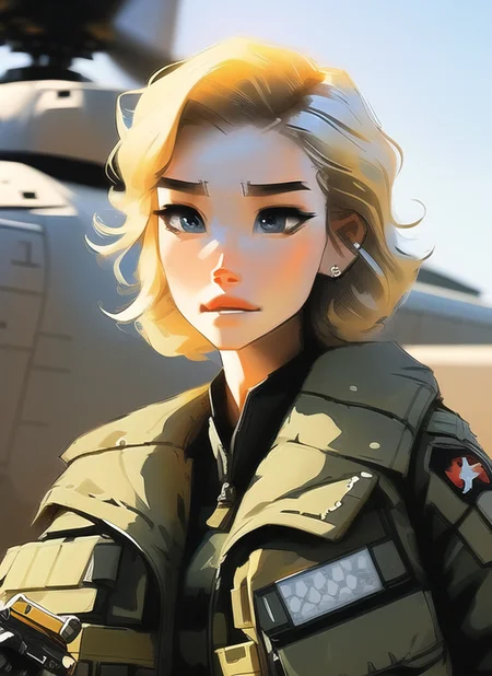 samdoesarts; an image of woman with short blonde hair, with military gear, cargo pants, (intricate), (detailed), digital art, dynamic pose, in a battlefield