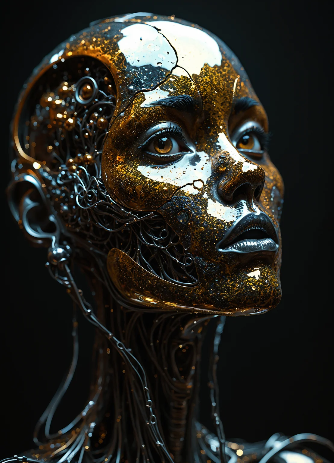 humanoid robot with a futuristic aesthetic. The robot's face is intricately detailed, featuring metallic components, wires, and other mechanical elements. The color palette consists primarily of gold, silver, and metallic hues, creating a shimmering effect. The text \"YOU\" is prominently displayed on the robot's forehead. The dark background highlights the robot\u2019s features, making it the focal point of the image. The image conveys a sense of mystery and intrigue, as if the robot is in a state of deep thought or contemplation.