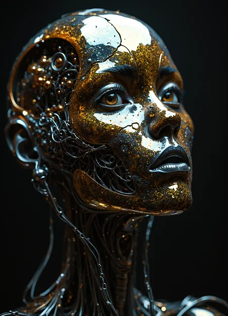 humanoid robot with a futuristic aesthetic. The robot's face is intricately detailed, featuring metallic components, wires, and other mechanical elements. The color palette consists primarily of gold, silver, and metallic hues, creating a shimmering effect. The text \"YOU\" is prominently displayed on the robot's forehead. The dark background highlights the robot\u2019s features, making it the focal point of the image. The image conveys a sense of mystery and intrigue, as if the robot is in a state of deep thought or contemplation.