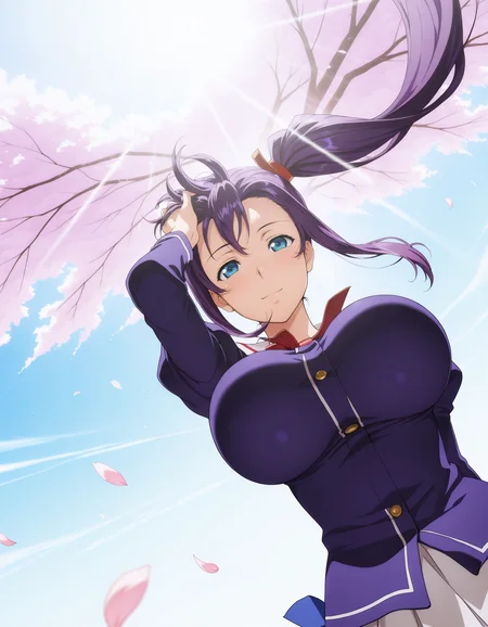 <lora:Haruko_Amaya_v01:1> harukoamaya, blue eyes, purple hair, side ponytail, large breasts,
dutch angle, depth of field, HDR, 8K.
masterpiece,best quality,amazing quality, highest score, dynamic pose, wind, petals, light smile, hand in own hair, sunlight, volumetric light,