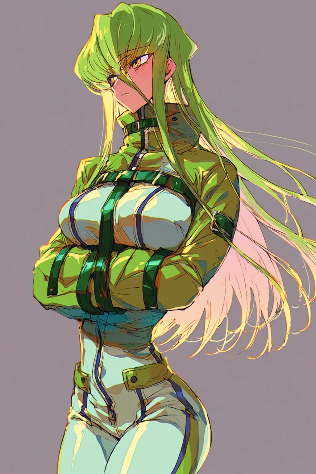 score_9, score_8_up, score_7_up, code geass, c.c., bodysuit, eyes visible through hair, green hair, hair between eyes, large breasts, long hair, long sleeves, sidelocks, straitjacket, white bodysuit, yellow eyes, solo, solo focus, cowboy shot, simple background, Hands on the waist, looking to the side, <lora:mizucx:1.5>
