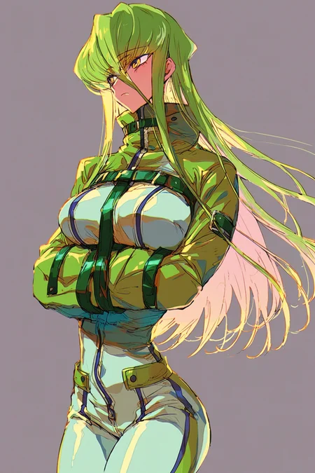 score_9, score_8_up, score_7_up, code geass, c.c., bodysuit, eyes visible through hair, green hair, hair between eyes, large breasts, long hair, long sleeves, sidelocks, straitjacket, white bodysuit, yellow eyes, solo, solo focus, cowboy shot, simple background, Hands on the waist, looking to the side, <lora:mizucx:1.5>