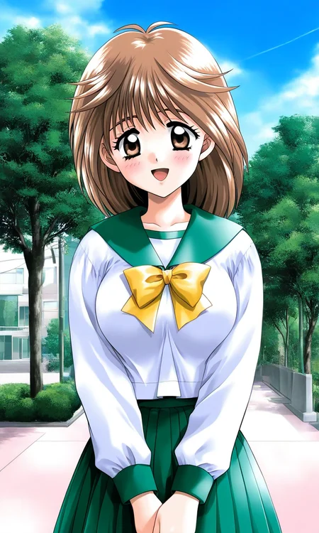 general,highres, ultra-detailed,very aesthetic,best quality ,best hands, BREAK <lora:Mochida_Mahoko_kakyuusei_Ver2.0_IS:1>
Mochida_Mahoko(kakyuusei), 1girl, solo, brown hair, brown eyes, medium hair, bangs, large breasts,
white shirt, Yellow bow, open mouth, v arms,
school uniform, outdoors, tree, serafuku, bow, blush, smile, day,
long sleeves, looking at viewer, green skirt, sky, pleated skirt, upper body, hand on hip,