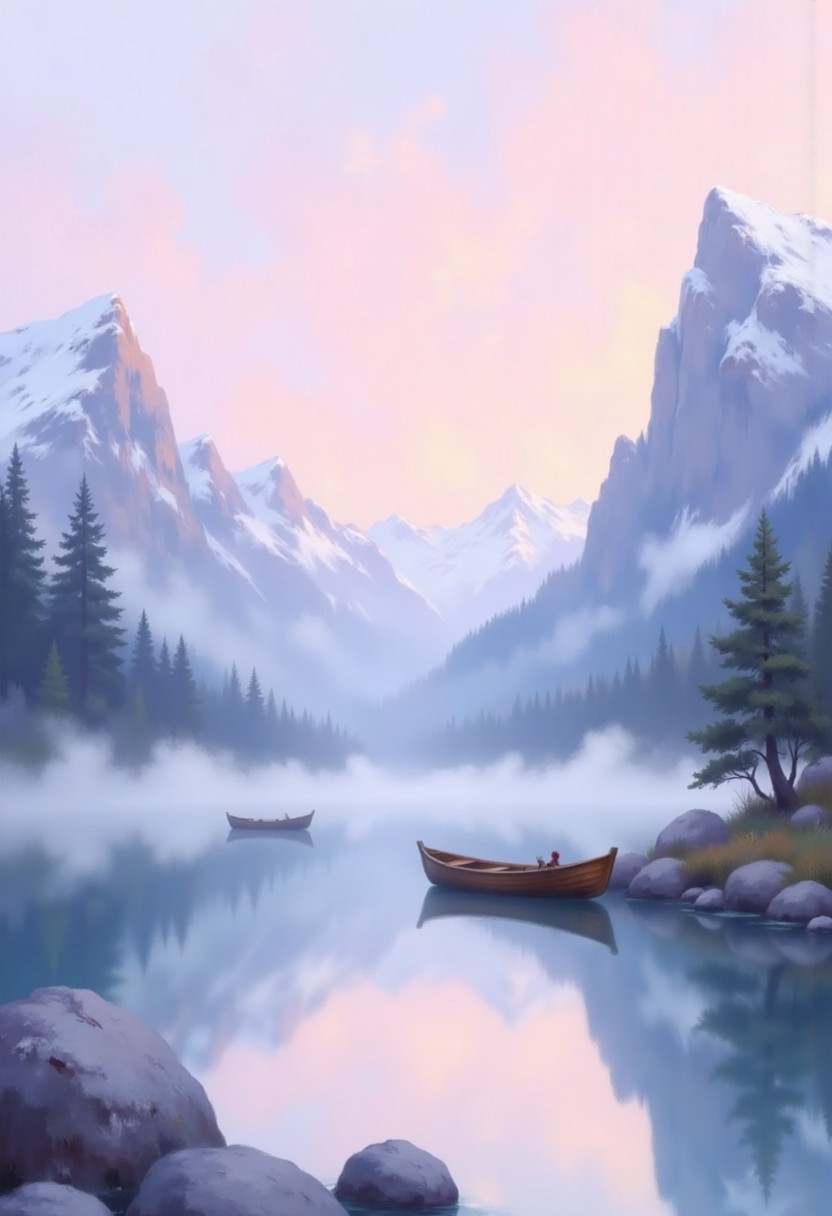 A tranquil early morning scene of a misty lake surrounded by tall, snow-capped mountains. The mist rises from the water, obscuring part of the distant shoreline, while a few small wooden boats are gently bobbing on the calm surface. The sky is a soft pink, heralding the break of dawn, with gentle orange and purple hues reflecting off the water. The painting captures the stillness and serenity of the scene, with a focus on the smooth texture of the water and the cool, calm mountains.