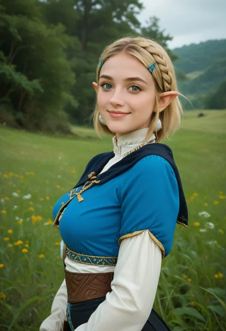 score_9, score_8_up, score_7_up, score_6_up, score_5_up, score_4_up, 1girl, outdoors, (blonde:1.4), termina field,beautiful landscape, (view from side:1.4), looking at viewer, medium breasts, focus on 1 girl, princess zelda, facing viewer, subtle smile, capelet, blue shirt, black leggings, hairclips view of hyrule castle in distant background, relaxed shoulders, head tilted back, innocent closed mouth smile, loving eye contact